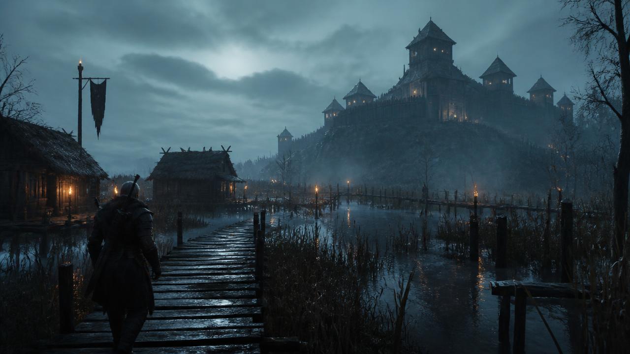 Foggy swamp village with a wooden fort — The Witcher 3 style scene