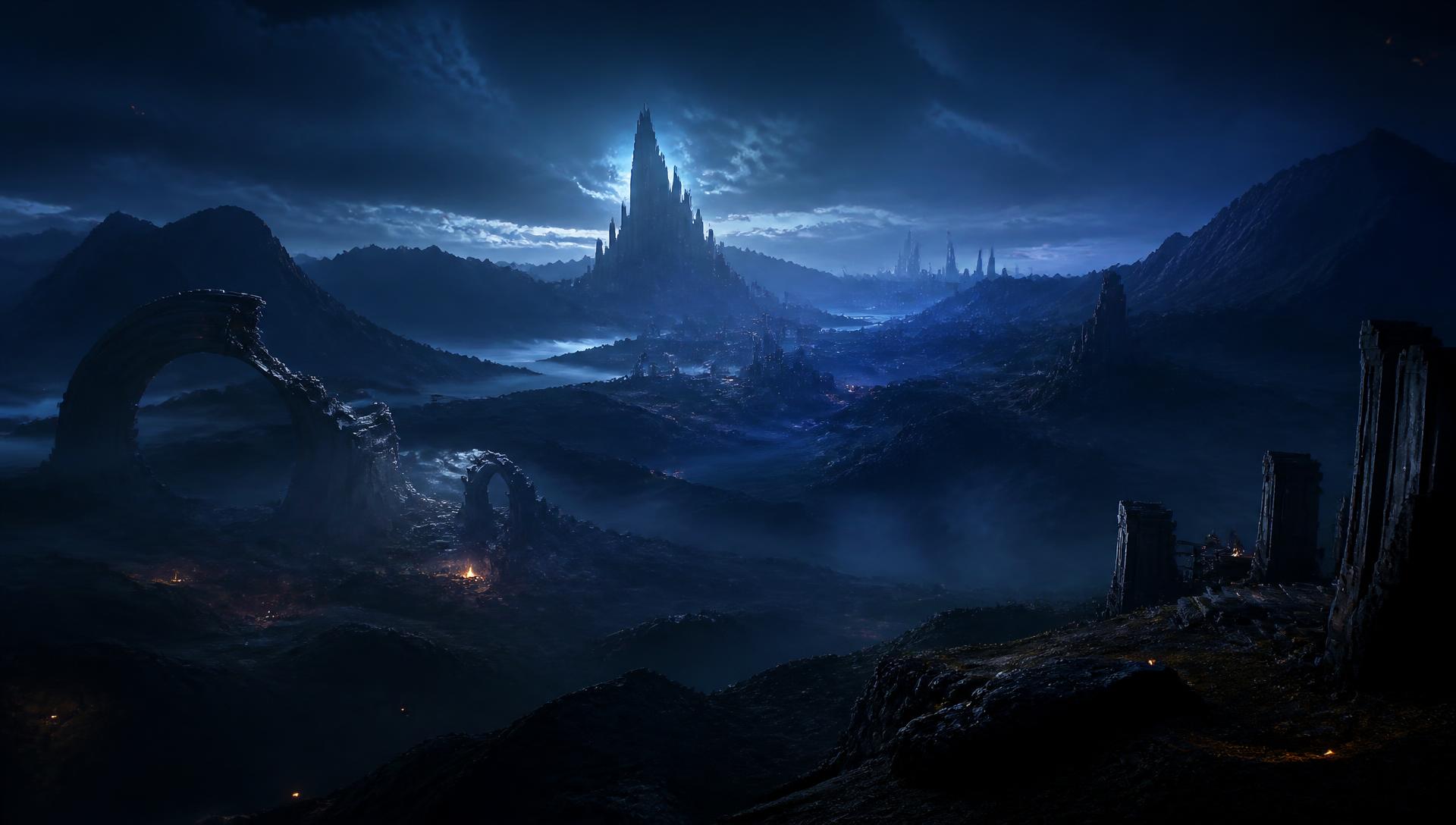 Atmospheric fantasy game world at night with distant ruins and glowing city